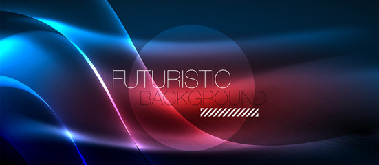 Glowing abstract wave on dark, shiny motion, magic space light. Techno abstract background