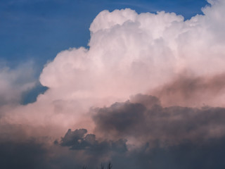 Fototapeta na wymiar Thunder clouds, pink against the blue sky, backlit by the sun.