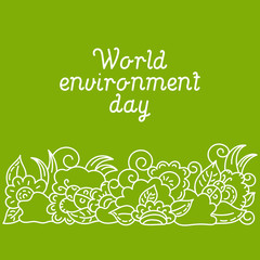 World Environment Day card. Leaves, flowers, ladybug. White pattern on green background. Vector