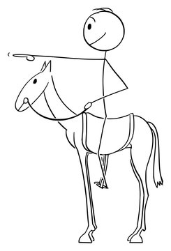Vector cartoon stick figure drawing conceptual illustration of man or businessman riding or sitting on horse back in saddle and pointing forward with his finger or hand.