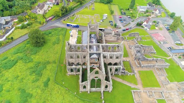 Title: Aerial drone footage of the ruins Tintern Abbey, located on the Welsh boarders. 