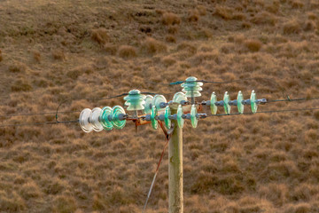 Turquoise and White Electrical Insulators on a Brown Landscape
