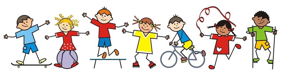 Happy kids and sports equipment, funny vector illustration