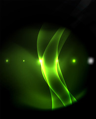 Dark background with neon color waves, vector template