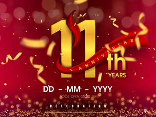 11 years anniversary logo template on gold background. 11th celebrating golden numbers with red ribbon vector and confetti isolated design elements