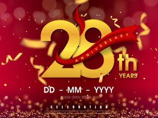 28 years anniversary logo template on gold background. 28th celebrating golden numbers with red ribbon vector and confetti isolated design elements