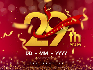 29 years anniversary logo template on gold background. 29th celebrating golden numbers with red ribbon vector and confetti isolated design elements