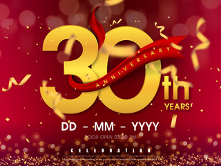 30 years anniversary logo template on gold background. 30th celebrating golden numbers with red ribbon vector and confetti isolated design elements