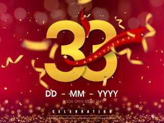 33 years anniversary logo template on gold background. 33rd - obrazy, fototapety, plakaty