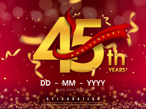 45 years anniversary logo template on gold background. 45th celebrating golden numbers with red ribbon vector and confetti isolated design elements