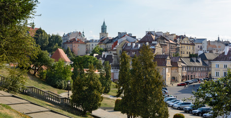 View of Lublin from the observation deck of the castle. The Donjon Tower is a Romanesque defensive tower, the oldest building on Castle Hill.