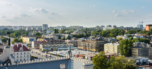 View of Lublin from the observation deck of the castle. The Donjon Tower is a Romanesque defensive tower, the oldest building on Castle Hill.