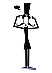 Thinking long mustache man in the top hat illustration. Mustache man in the top hat points two fingers to his head and thinks how to settle the problem or creates new ideas black on white illustration