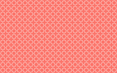 Star and cross tile-like design with white accents on coral pink background inspired by Moroccan tilework known as zellige or mosaic, seamless pattern inspiration forming a symmetrical decor element