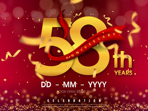 58 years anniversary logo template on gold background. 58th celebrating golden numbers with red ribbon vector and confetti isolated design elements