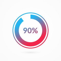 90 percent blue and red gradient pie chart sign. Percentage vector infographic symbol. Circle diagram isolated, illustration for business, download, web icon, design
