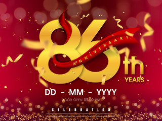 86 years anniversary logo template on gold background. 86th celebrating golden numbers with red ribbon vector and confetti isolated design elements