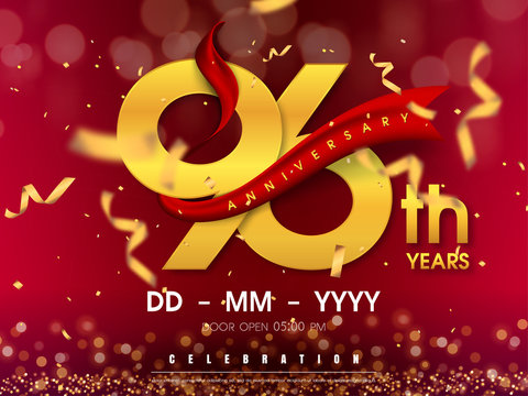 96 years anniversary logo template on gold background. 96th celebrating golden numbers with red ribbon vector and confetti isolated design elements