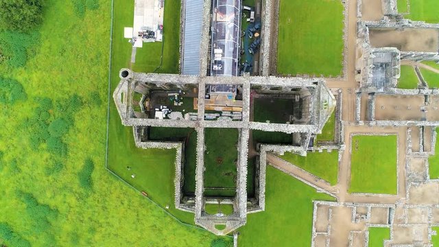Aerial drone footage of the ruins Tintern Abbey, located on the Welsh boarders. 