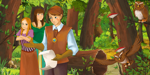 cartoon scene with happy young girl and boy prince and princess in the forest encountering pair of owls flying - illustration for children