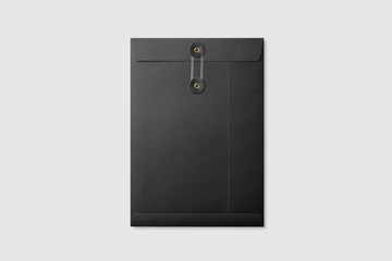 Black paper A4/C4 size String and Washer Envelope Mockup on light grey background. High resolution.
