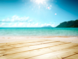 Fototapeta premium Wooden desk of free space and summer sunny day. Free space for your decoration and warm sunny day. 