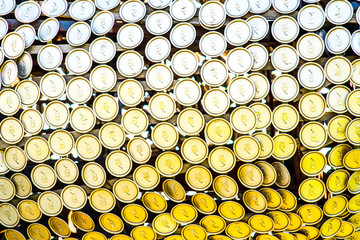 Close up of aluminum cans on a top view.