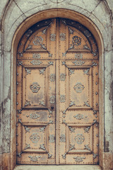 Decorated wooden closed door