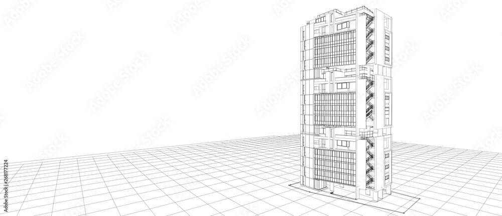 Poster architecture exterior facade design concept 3d building perspective wire frame rendering isolated wh