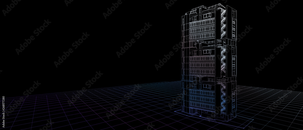 Poster architecture exterior facade design concept 3d building perspective color wire frame rendering black