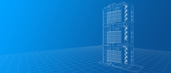 Obraz na płótnie Canvas Architecture exterior facade building design concept 3d perspective white wire-frame rendering gradient blue background