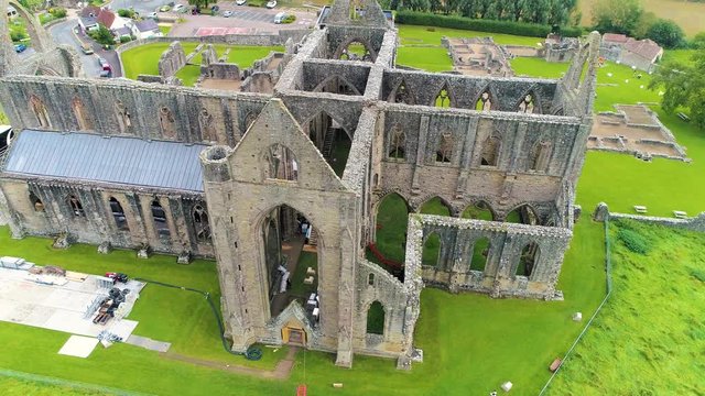 Aerial drone footage of the ruins Tintern Abbey, located on the Welsh boarders. 
