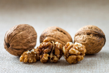 Close-up of walnuts, in wooden shell and kernels isolated on light copy space background. Healthy organic food concept.