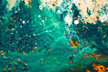 Abstract acrylic oil gouache paint background. Teal green mix. Current bay shore pattern. Fluid...