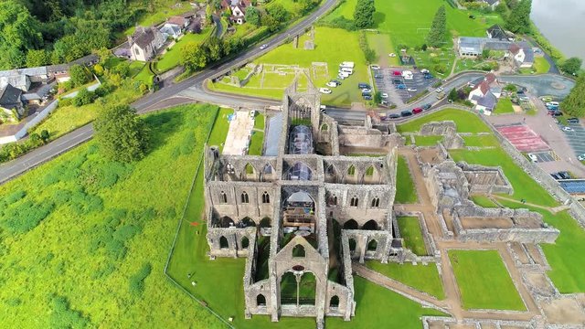 Aerial drone footage of the ruins Tintern Abbey, located on the Welsh boarders. 