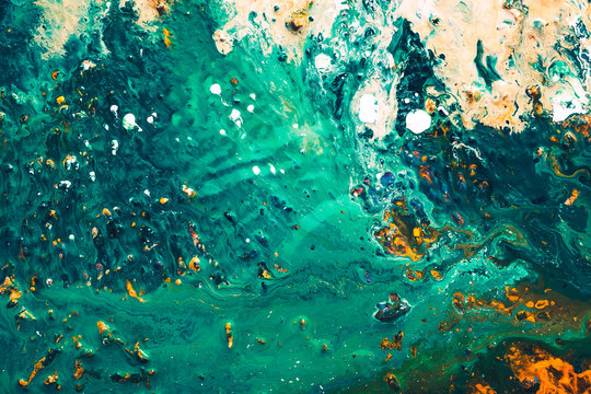 Abstract acrylic oil gouache paint background. Teal green mix. Current bay shore pattern. Fluid liquid texture. Art painting.