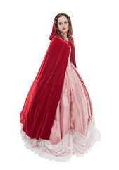 Young beautiful woman in long medieval dress and red cloak isolated