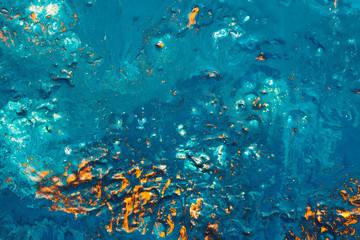 Fototapeta na wymiar Abstract art texture background. Sea wave, sand design. Beautiful teal blue and orange paint splotch.