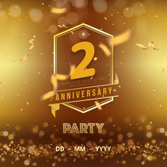 Fototapeta na wymiar 2 years anniversary logo template on gold background. 2nd celebrating golden numbers with red ribbon vector and confetti isolated design elements