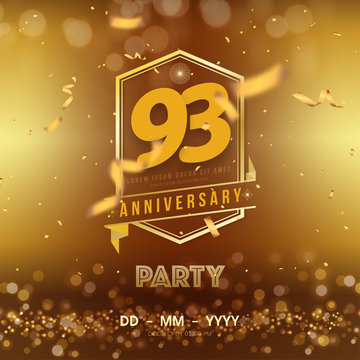 93 years anniversary logo template on gold background. 93rd celebrating golden numbers with gold ribbon vector and confetti isolated design elements