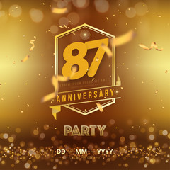 87 years anniversary logo template on gold background. 87th celebrating golden numbers with ribbon and confetti isolated design elements.