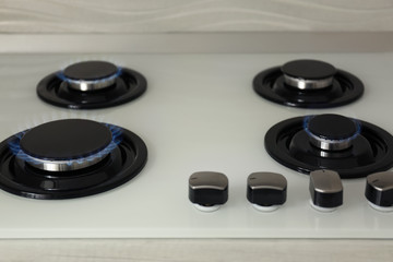 Obraz na płótnie Canvas Gas burners with blue flame on modern stove