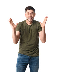 Fototapeta premium Portrait of emotional handsome man on white background