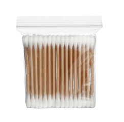 Plastic zipper bag with cotton swabs on white background