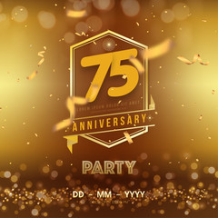 75 years anniversary logo template on gold background. 75th celebrating golden numbers with ribbon and confetti isolated design elements.