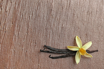Flat lay composition with vanilla sticks and flower on brown background. Space for text