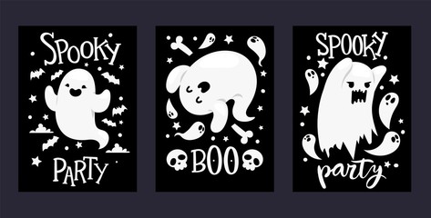 Ghost vector cartoon scary ghosted character illustration backdrop of Halloween holiday spooky party horror nightmare ghostly boo fear background banner
