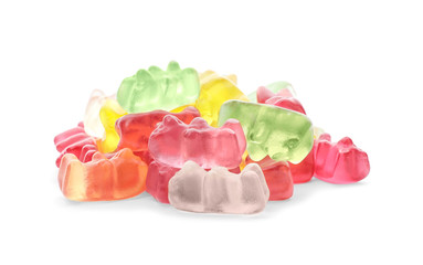 Pile of delicious jelly bears on white background