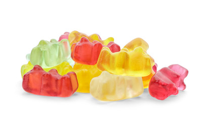 Pile of delicious jelly bears on white background