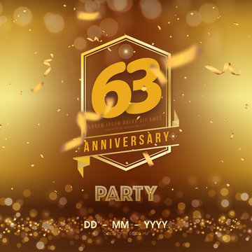 63 years anniversary logo template on gold background. 63rd celebrating golden numbers with red ribbon vector and confetti isolated design elements